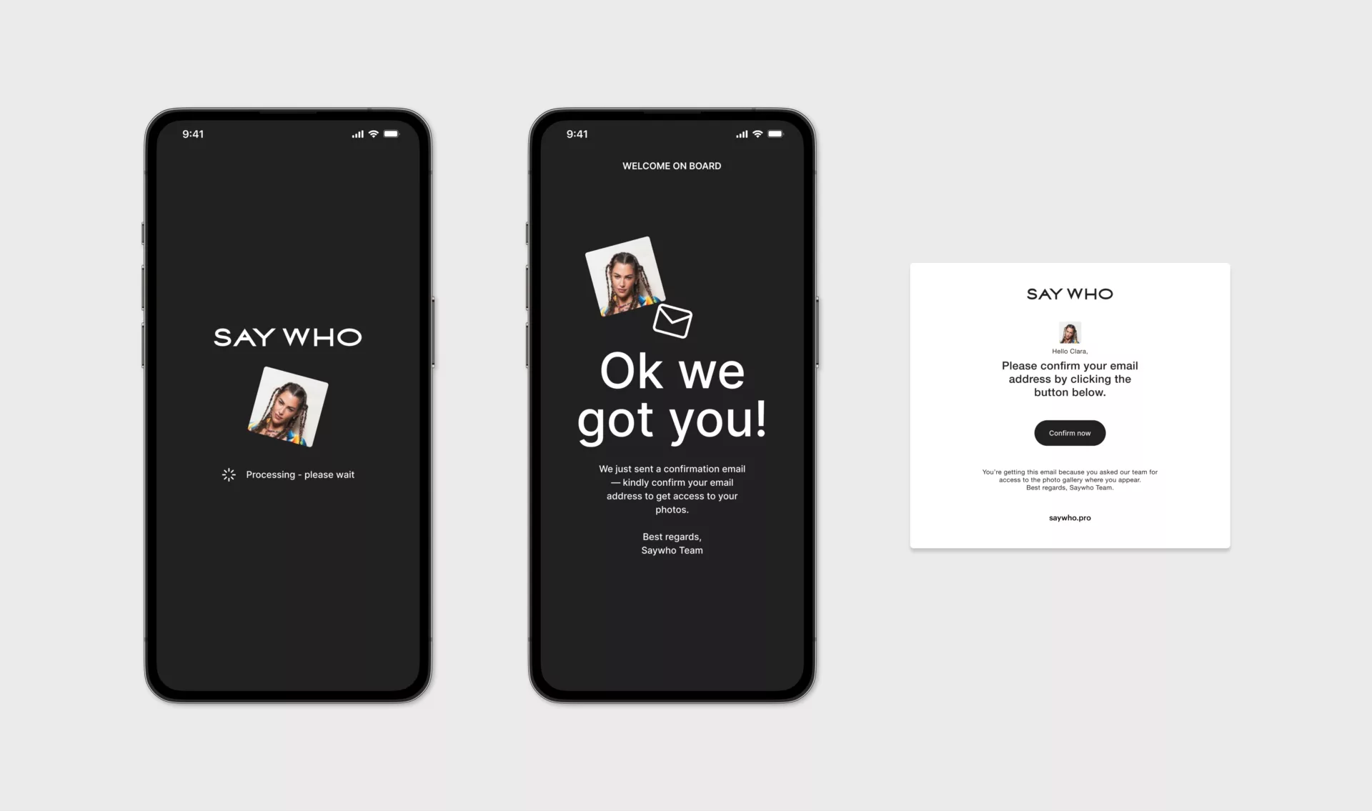 Saywho App Recon — Design de l’app et des e-mails